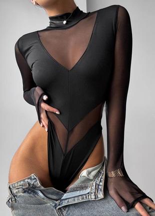 Крутезное универсальное боди с сеткой и длинными рукавами эффектное на микродайвинге