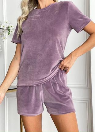 Уютная велюровая пижама футболка и шорты женский домашний комплект