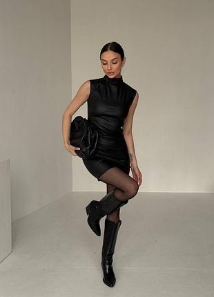 Платье из эко кожи шоколад 🍫 черный8 фото