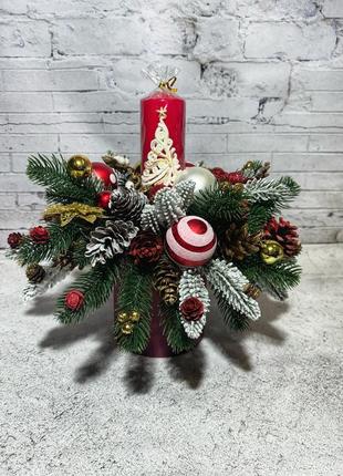 Новогодний подсвечник, рождественский подсвечник, новогодняя композиция с свечей, рождественская композиция на стол