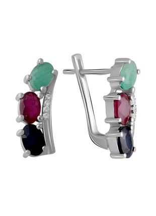 Серьги серебро с сапфиром 1.1ct, изумрудом, рубином