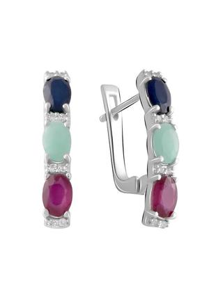 Серьги серебро с сапфиром 4.392ct, изумрудом, рубином