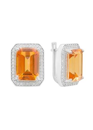 Серьги серебро с золотим кварцем 18.54ct, фианитами