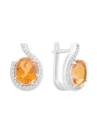 Серьги серебро с золотим кварцем, фианитами