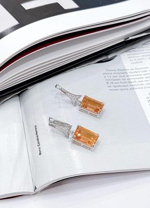Серьги серебро с золотим кварцем 13.946ct, фианитами2 фото