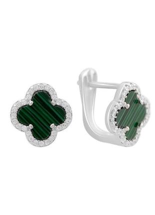 Серьги серебро с малахитом, фианитами