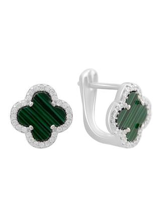Серьги серебро с малахитом, фианитами