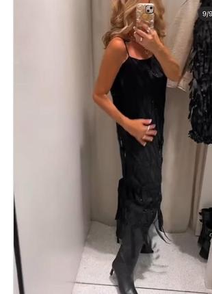 Черное шифоновое платье прямого кроя бисер+пайетки zara