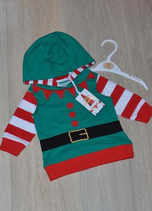 Новогодняя кофта next 3-6 мес. 62/68 рождественский реглан с капюшоном лонгслив кофточка дед мороз санта эльф олень худи боди бодик свитер свитерок