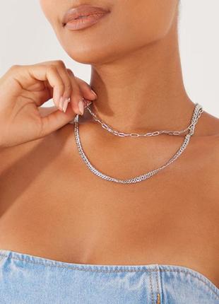 Двойное женское колье цепочка без бренду серебристое