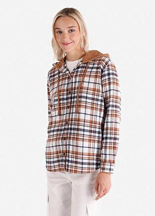 Рубашка с длинным рукавом с капюшоном женская коричневая в клетку