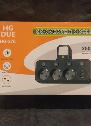 Разветвитель, тройник на 3 розетки +2 usb + подсветка