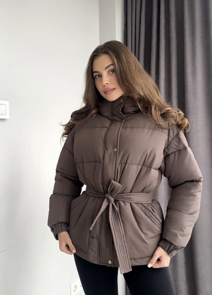 Стильна шоколадна коричнева  тепла зимова куртка пуховик пуфер