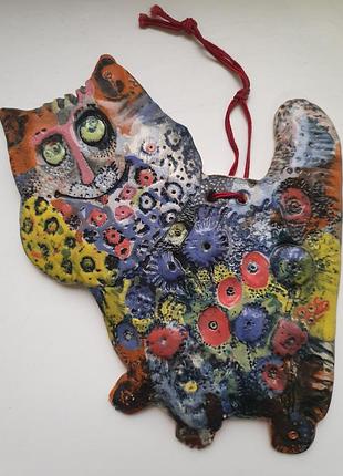 Декор на стену цветной кот керамика