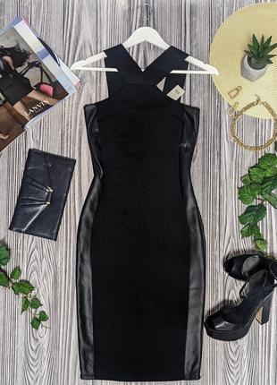 Черное миди платье футляр с кожаными вставками river island #3943