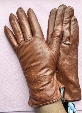 Перчатки коричневые кожаные теплые женские новые