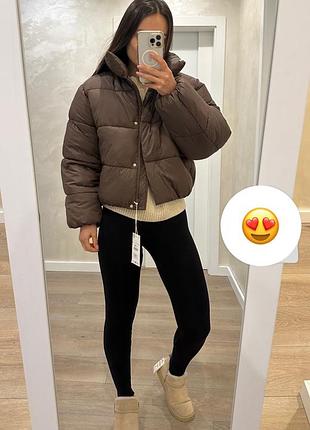 Шоколадний та бордовий пуффер zara куртка тренд, дутик еко пуховик