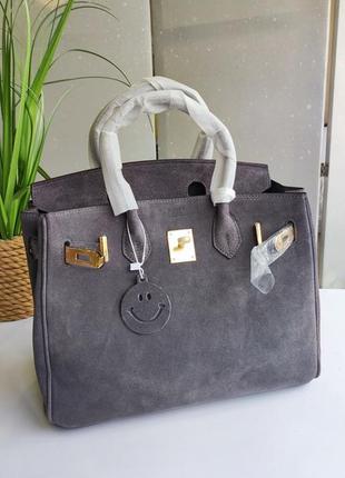 Сумка замшевая серого цвета люкс качество в стиле биркин 30 см