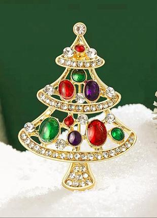 Брошь елка новогодняя, украшение бижутерия рождественская