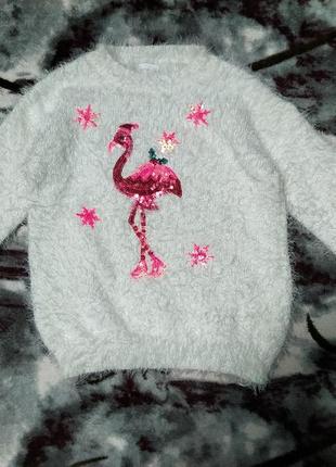 Фирменная,зимняя кофта,джемпер, свитшот с фламинго для девочки 8-9 р