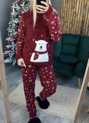 Новорічна махрова піжамка +  фліс, супер якість ♥️ домашній костюм теплий флісовий