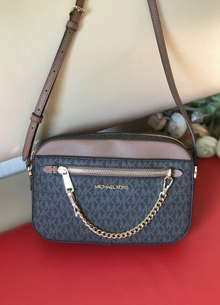Сумка женская michael kors оригинал jet set large logo crossbody bag коричневая в лого кросс боди
