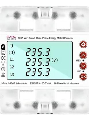 3-х фазный wifi счетчик до 80 ампер earu с монохромным lcd экраном и защитными функциями tuya/smart life
