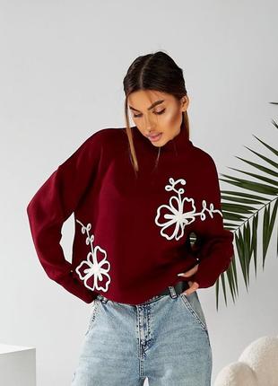 ❗️ sale ❗️ 4 кольори ❗️ свитер с нашитыми цветами теплый шерсть акрил