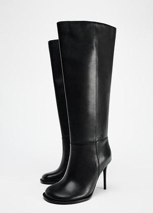 Кожаные черные сапоги женские zara new