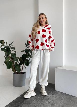 Женский костюм комплект белый теплый опорнивной в сердечко полар флис флисовый кофта худи и штаны джоггеры
