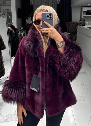 Норковая шуба бардо с лисой