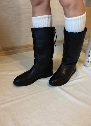 Женские теплые кожаные сапоги плоский ход мех натуральный овчина