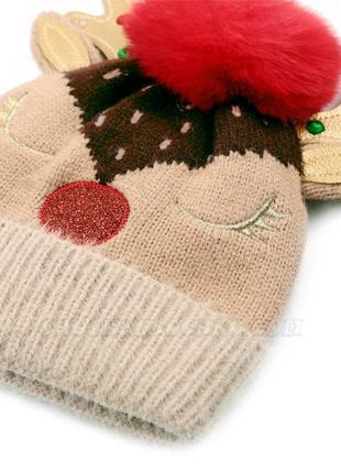 Теплая новогодняя шапка оленя для ребенка