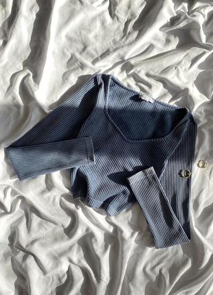 Безшовний зручний синій виварений топ на довгий рукав у рубчик з вирізом zara m-l, кроп топ