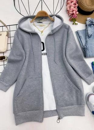 Зип худи теплый на флисе оверсайз на молнии с капишоном с карманами качественное стильное базовое серое черное