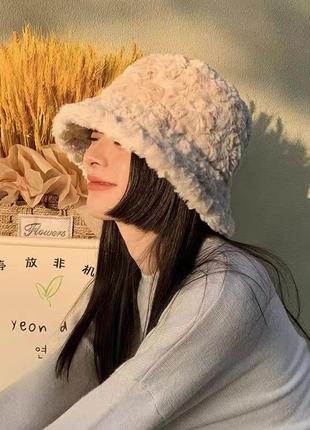 Панама меховая кудрявая молочная белая панамка теплая плюшевая шапка шляпа эко мех зима осень весна панама женская мужская унисекс