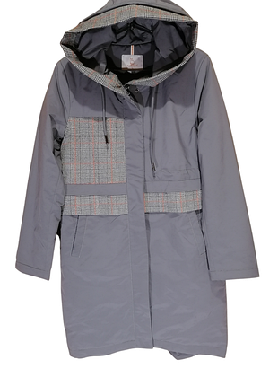 Плащ женский l серый утепленный с капюшоном