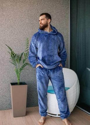 Чоловіча махрова піжама тепла чоловічий домашній теплий махровий комплект  синя