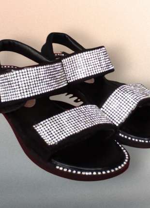 Черные замшевые  босоножки сандалии для девочки с камнями, стразами