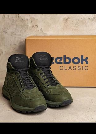 Кожаные зимние мужские высокие кроссовки на меху, спортивные ботинки натуральная кожа в цвете хаки re