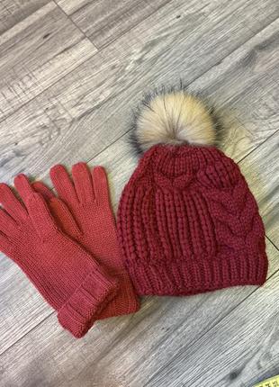 Набор вязаный шапка с натуральным бубоном  и перчатки бардо🔥