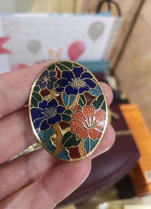 Клуазоне брошь, винтаж позолота, эмаль