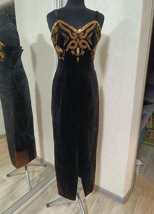 Вінтажна вишукана оксамитова сукня довга ошатна el palacio de hierro розшита бісером і паєтками з розрізом ретро