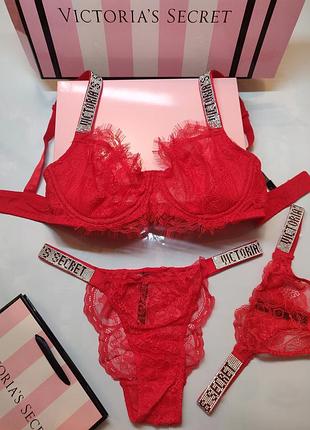 Кружевной комплект victoria’s secret красный со стразами