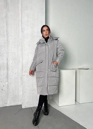 Пальто женское длинное плащ зимнее теплое с капюшоном куртка пуховик с карманами базовый черный серый молочный
