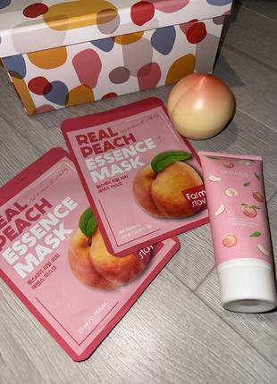 Подарочный набор с персиком 🍑4в1 гель пенка для умывания,2 маски для лица, крем для рук