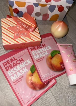 Подарочный набор с персиком 🍑5в1 гель пенка для умывания,2 маски для лица, крем для рук