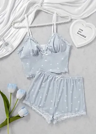 Женская голубая пижамка с шортиками , размер s сексуальный комплект для дома