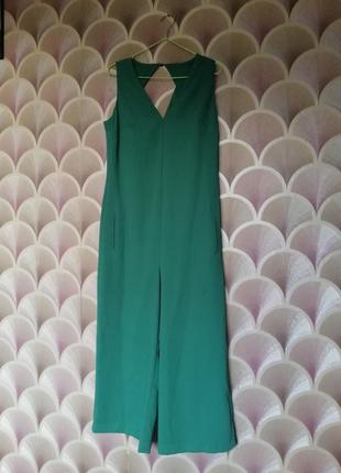 Комбінезон брючний зелений смарагдовий палаццо з вирізом святковий