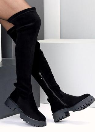 Женские ботфорты черные, стрейч замша, выше колен на зиму, деми, утолщенная ребристая подошва не ско